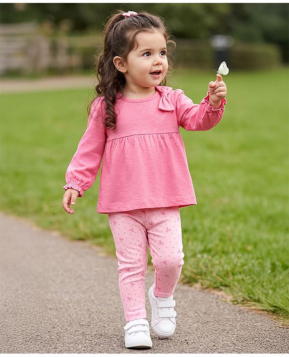 Babyhug 100% Cotton Single Jersey Knit Top and Leggings with Full Sleeves and Bow Applique with Bow and Polka Dots Print - Pink