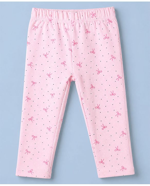 Babyhug 100% Cotton Single Jersey Knit Top and Leggings with Full Sleeves and Bow Applique with Bow and Polka Dots Print - Pink