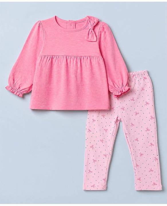 Babyhug 100% Cotton Single Jersey Knit Top and Leggings with Full Sleeves and Bow Applique with Bow and Polka Dots Print - Pink