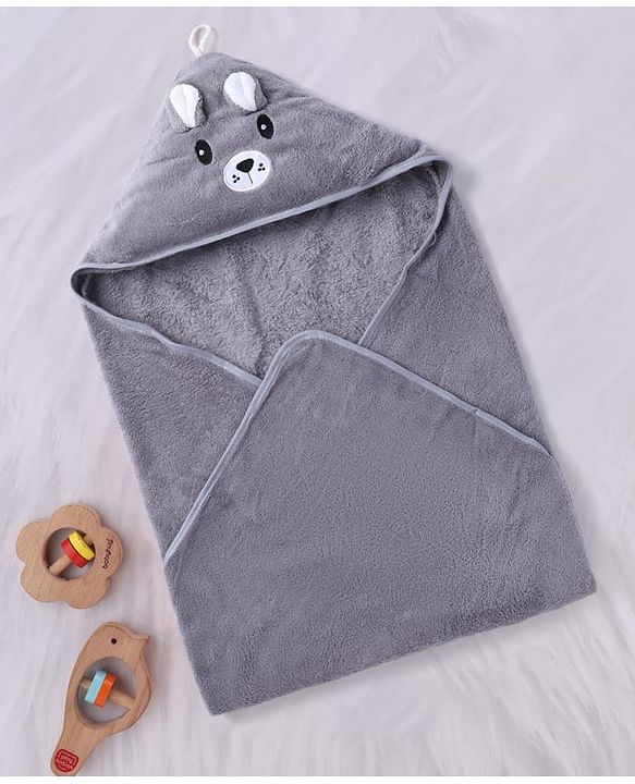 Babyhug Knit Soft Microfiber Towel With Hood Emroidery L 81 x B 81 cm - Grey