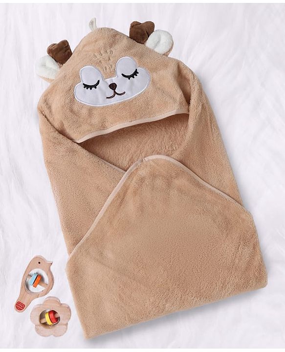 Babyhug Knit Soft Microfiber Hooded Towel With Animal Print & Applique L 80 x B 80 cm - Beige