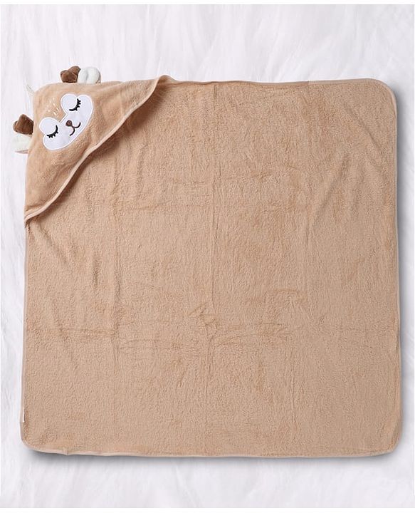 Babyhug Knit Soft Microfiber Hooded Towel With Animal Print & Applique L 80 x B 80 cm - Beige