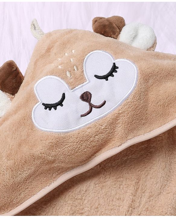 Babyhug Knit Soft Microfiber Hooded Towel With Animal Print & Applique L 80 x B 80 cm - Beige