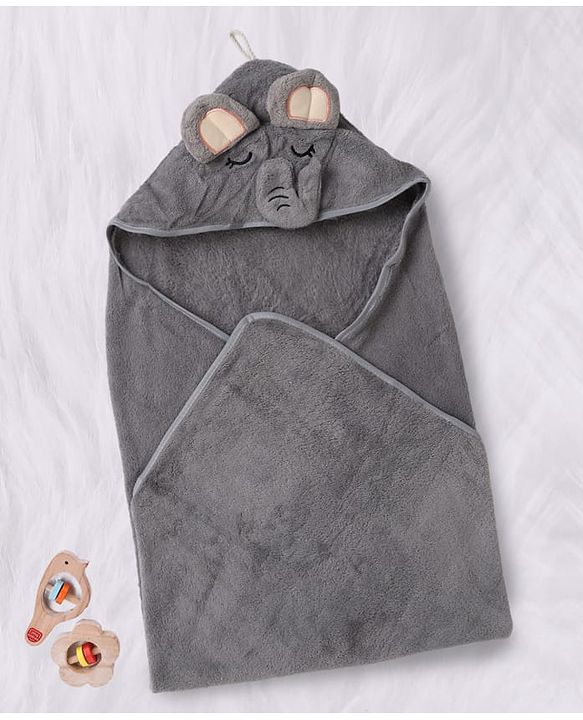 Babyhug Knit Soft Microfiber Hooded Towel With Elephant Print & Embroidery L 80 x B 80 cm - Grey