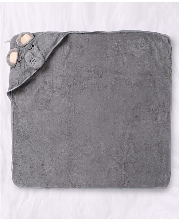 Babyhug Knit Soft Microfiber Hooded Towel With Elephant Print & Embroidery L 80 x B 80 cm - Grey