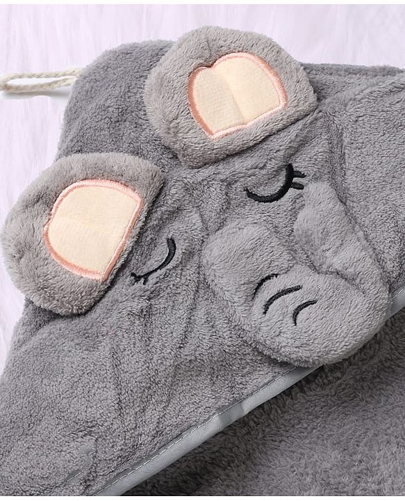 Babyhug Knit Soft Microfiber Hooded Towel With Elephant Print & Embroidery L 80 x B 80 cm - Grey