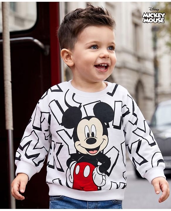 Babyhug Disney Cotton Terry Knit Drop Shoulder Sweatshirt with Full Sleeves and Mickey Mouse Graphic - White