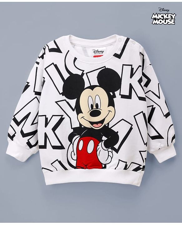 Babyhug Disney Cotton Terry Knit Drop Shoulder Sweatshirt with Full Sleeves and Mickey Mouse Graphic - White
