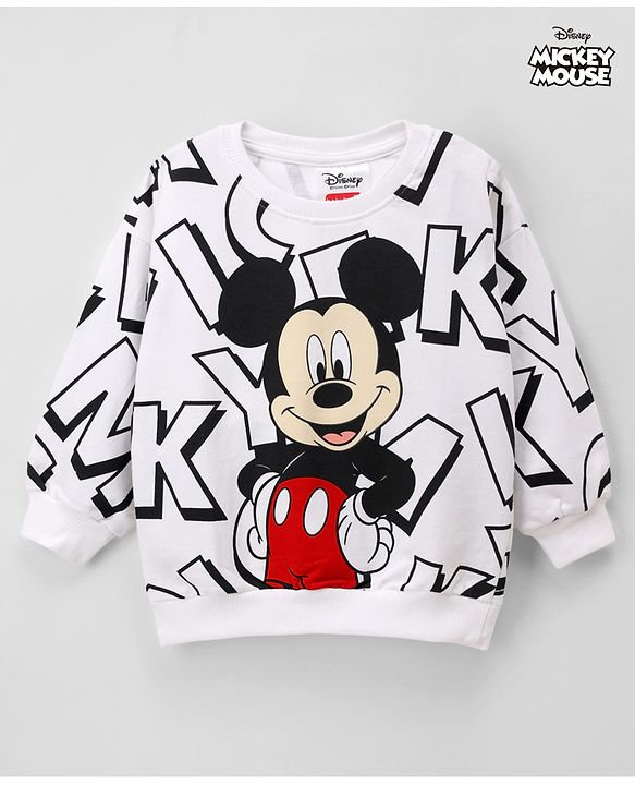 Babyhug Disney Cotton Terry Knit Drop Shoulder Sweatshirt with Full Sleeves and Mickey Mouse Graphic - White