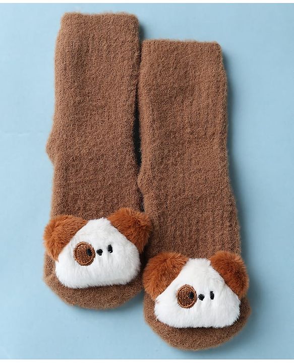 Cute Walk by Babyhug Knit Mid Calf Length Woolen Socks With Puppy Applique - Brown
