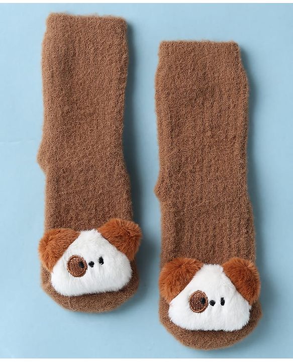 Cute Walk by Babyhug Knit Mid Calf Length Woolen Socks With Puppy Applique - Brown