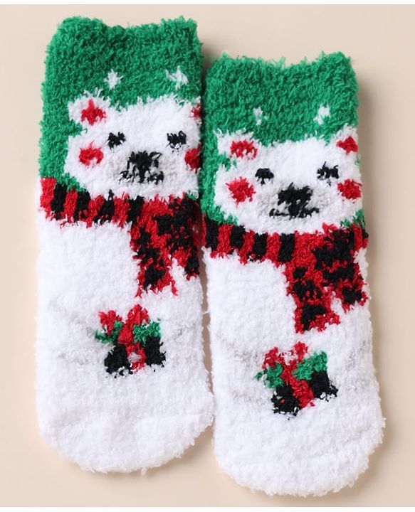 Cute Walk by Babyhug Knit Mid Calf Length Woolen Socks With Snow Design - Green White