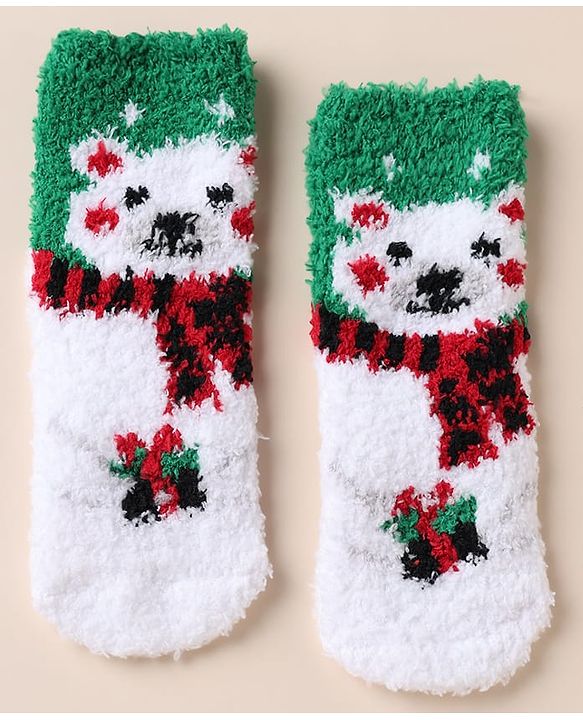 Cute Walk by Babyhug Knit Mid Calf Length Woolen Socks With Snow Design - Green White