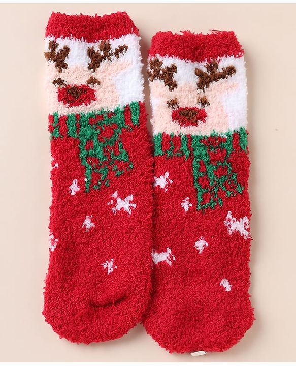 Cute Walk by Babyhug Knit Mid Calf Length Woolen Socks With Snow Design - Red