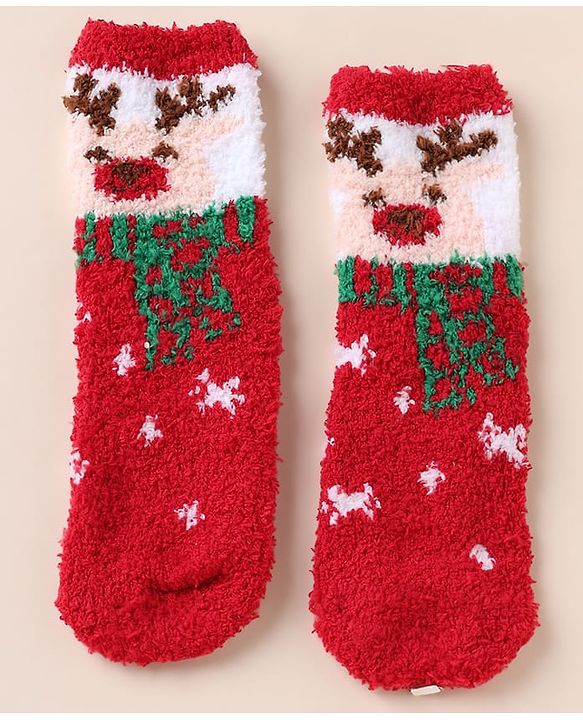 Cute Walk by Babyhug Knit Mid Calf Length Woolen Socks With Snow Design - Red