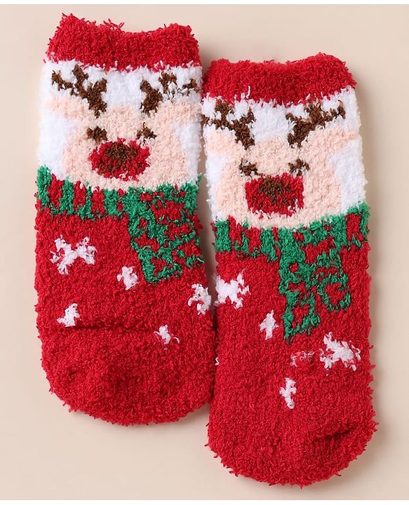 Cute Walk by Babyhug Knit Mid Calf Length Woolen Socks With Snow Design - Red