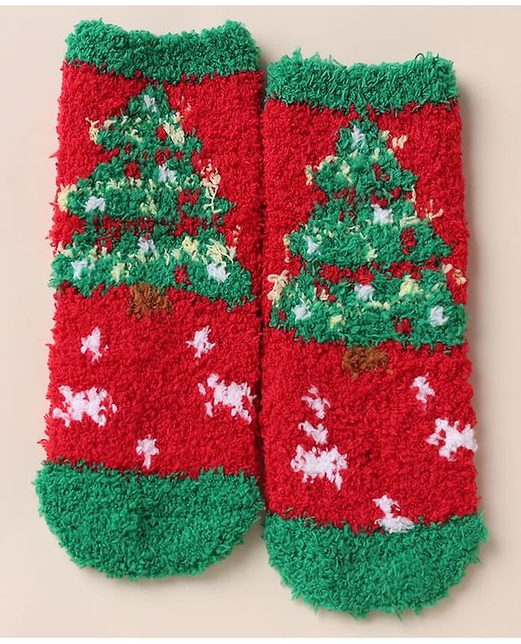 Cute Walk by Babyhug Knit Mid Calf Length Woolen Socks With Christmas Tree Design - Green Red