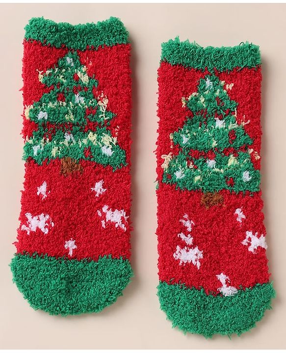 Cute Walk by Babyhug Knit Mid Calf Length Woolen Socks With Christmas Tree Design - Green Red