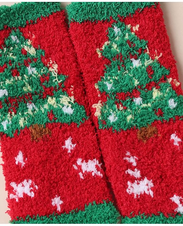 Cute Walk by Babyhug Knit Mid Calf Length Woolen Socks With Christmas Tree Design - Green Red