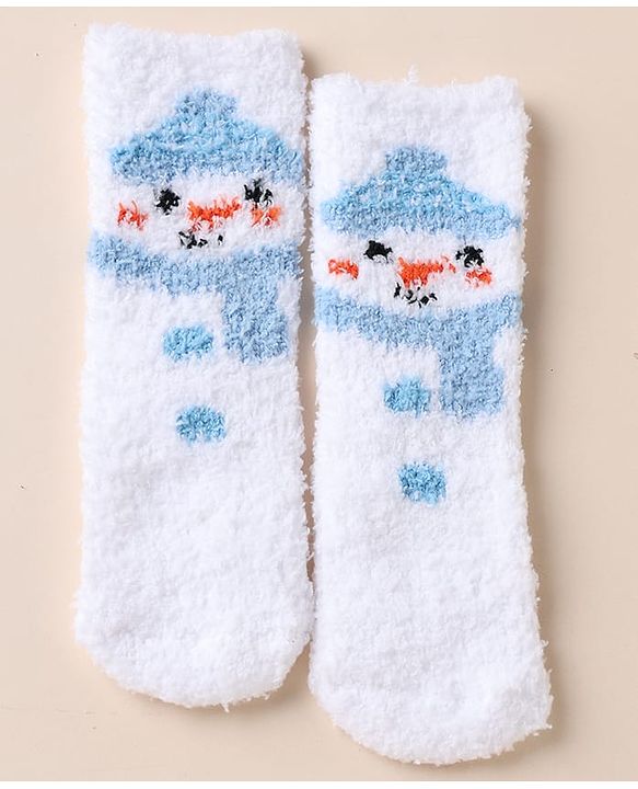 Cute Walk by Babyhug Knit Mid Calf Length Woolen Socks With Snow Design - White Blue