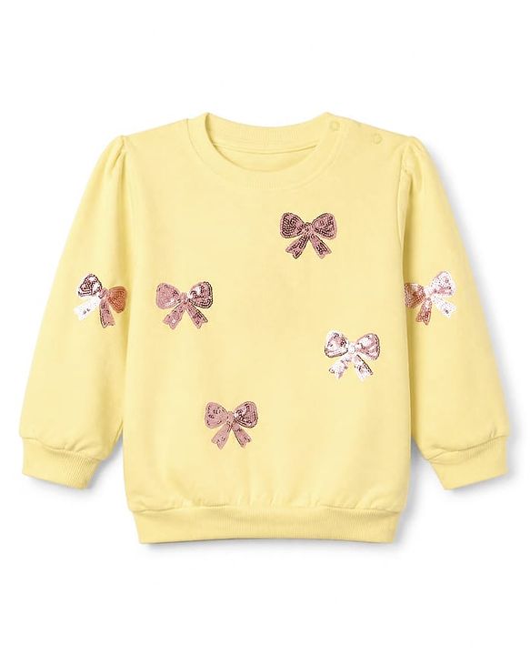 Babyhug Heavy Gauge 100% Cotton Knit Full Sleeves Sweatshirt with Bow Sequins - Yellow