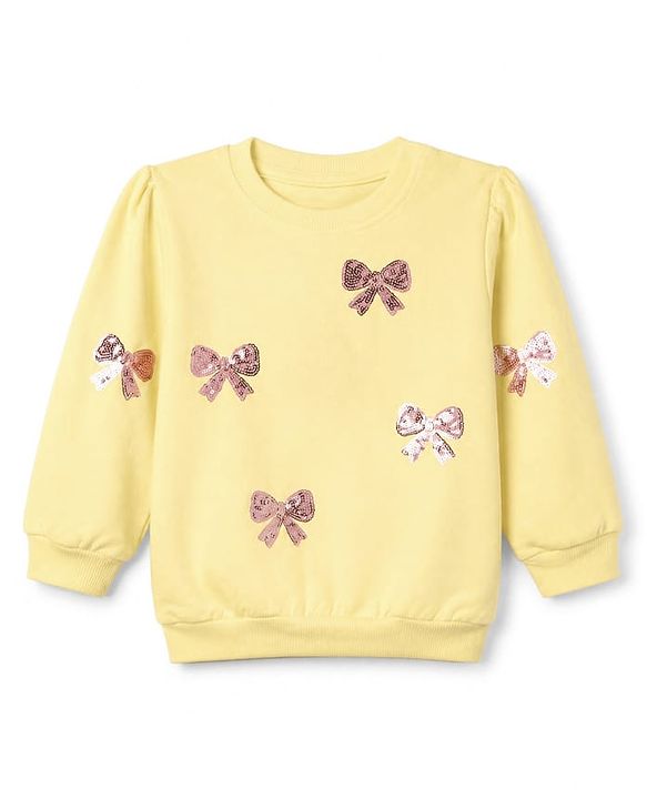 Babyhug Heavy Gauge 100% Cotton Knit Full Sleeves Sweatshirt with Bow Sequins - Yellow