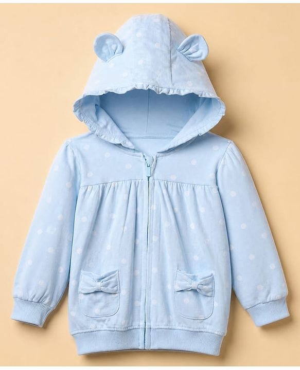 Babyhug 100% Cotton Knit Front Open Heavy Gauge Sweatshirt with Full Sleeves and Polka Dots Print - Light Blue