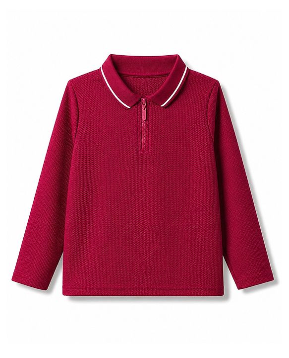 Pine Kids Cotton Knit Polo T-Shirt with Half Sleeves and Shark & Color Block Print - Maroon