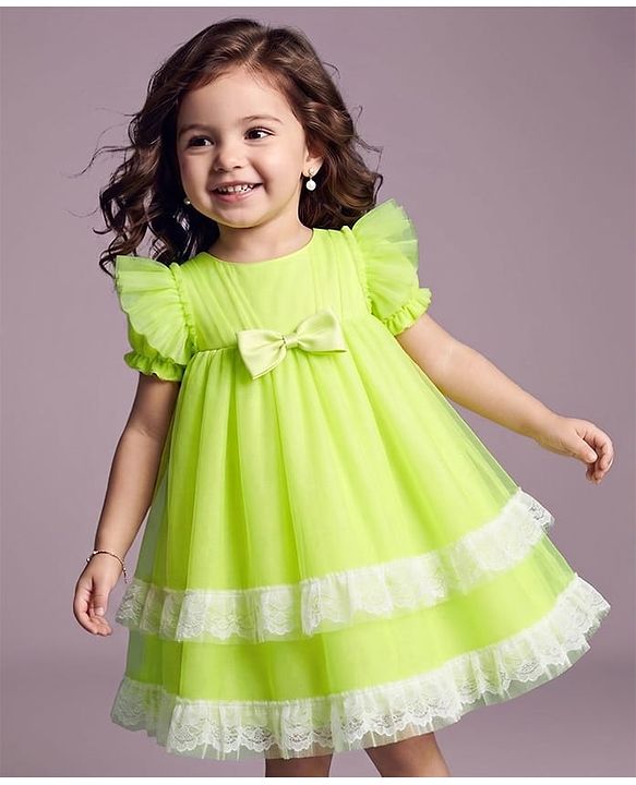 Babyhug Solid Mesh Woven and Lace Puff Sleeves Party Dress with  Bow Applique - Green