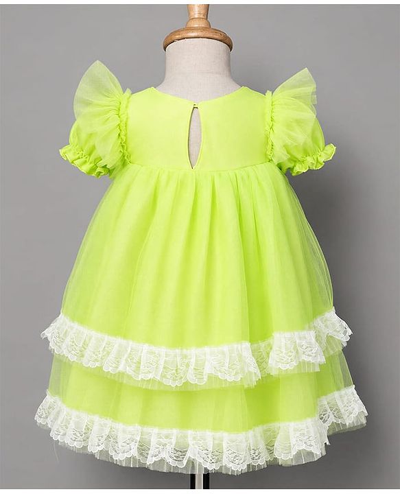Babyhug Solid Mesh Woven and Lace Puff Sleeves Party Dress with  Bow Applique - Green