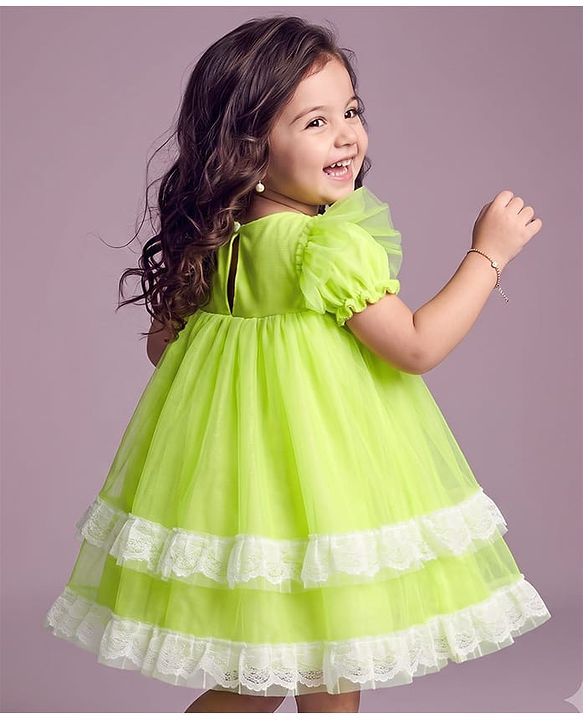 Babyhug Solid Mesh Woven and Lace Puff Sleeves Party Dress with  Bow Applique - Green
