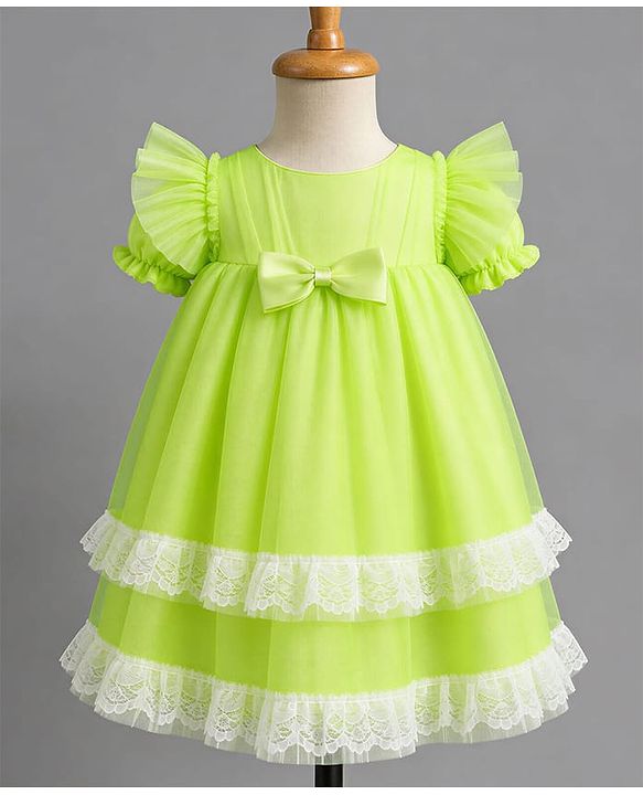Babyhug Solid Mesh Woven and Lace Puff Sleeves Party Dress with  Bow Applique - Green