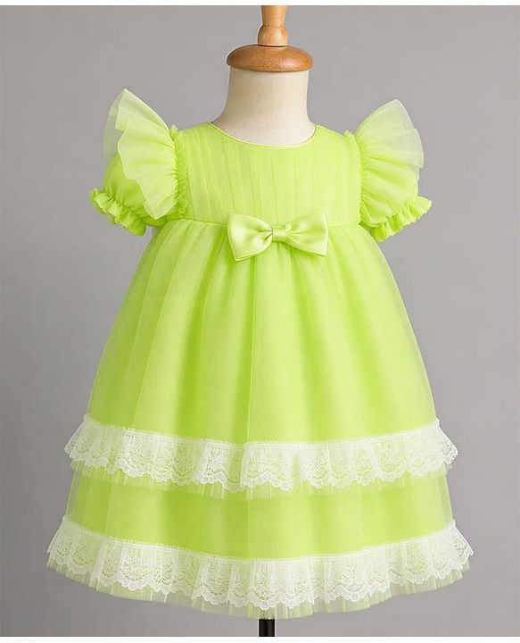 Babyhug Solid Mesh Woven and Lace Puff Sleeves Party Dress with  Bow Applique - Green