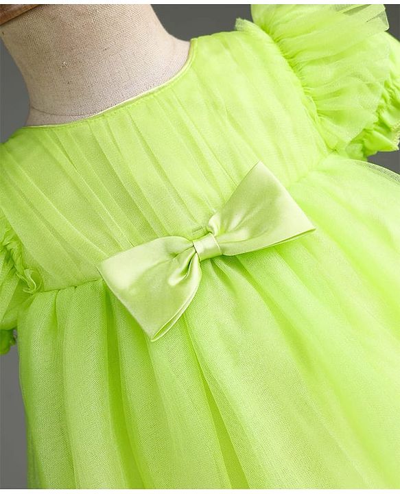 Babyhug Solid Mesh Woven and Lace Puff Sleeves Party Dress with  Bow Applique - Green