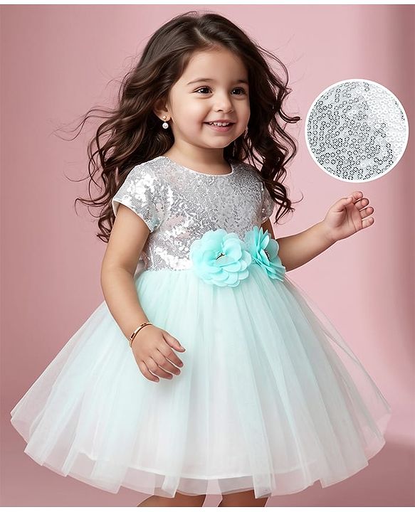 Babyhug Solid Mesh Woven and Sequins York Cap Sleeves Party Dress with Floral Applique - Blue