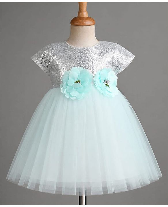 Babyhug Solid Mesh Woven and Sequins York Cap Sleeves Party Dress with Floral Applique - Blue
