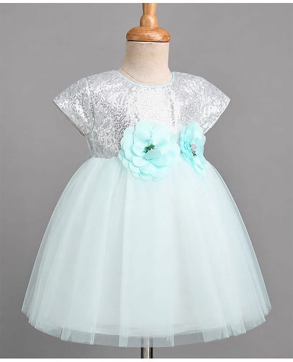 Babyhug Solid Mesh Woven and Sequins York Cap Sleeves Party Dress with Floral Applique - Blue