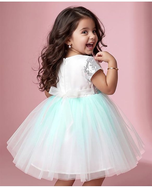 Babyhug Solid Mesh Woven and Sequins York Cap Sleeves Party Dress with Floral Applique - Blue