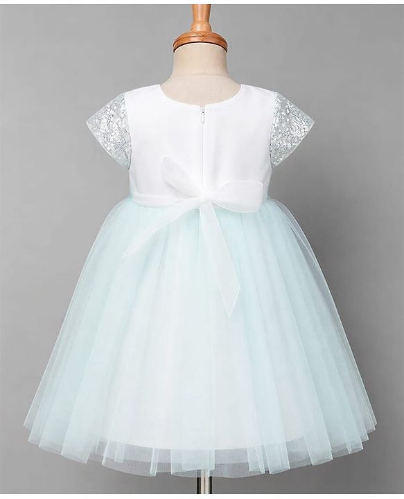 Babyhug Solid Mesh Woven and Sequins York Cap Sleeves Party Dress with Floral Applique - Blue
