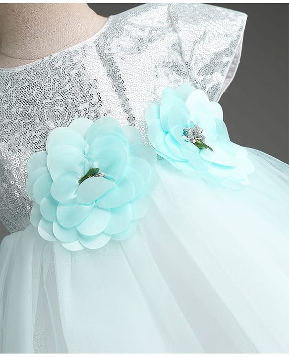 Babyhug Solid Mesh Woven and Sequins York Cap Sleeves Party Dress with Floral Applique - Blue