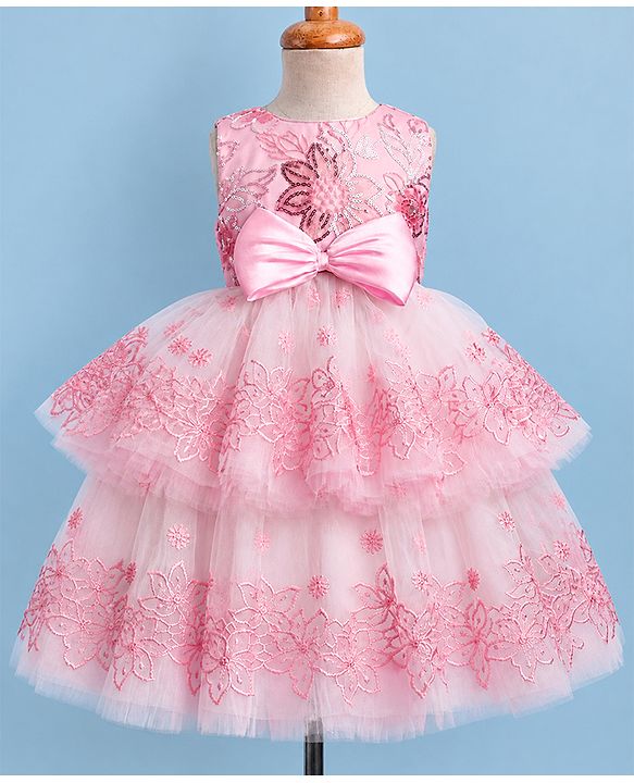 Babyhug Woven Solid Mesh with Embroidered Lace and Sequins York Sleeveless Party Gown with Corsage Bow - Pink