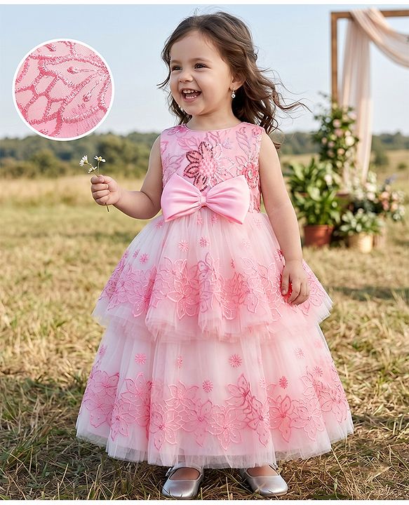 Babyhug Woven Solid Mesh with Embroidered Lace and Sequins York Sleeveless Party Gown with Corsage Bow - Pink
