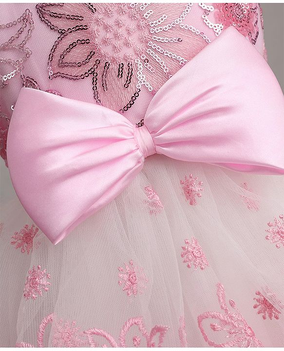 Babyhug Woven Solid Mesh with Embroidered Lace and Sequins York Sleeveless Party Gown with Corsage Bow - Pink
