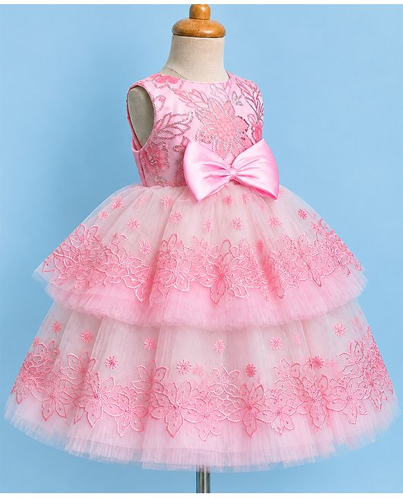 Babyhug Woven Solid Mesh with Embroidered Lace and Sequins York Sleeveless Party Gown with Corsage Bow - Pink