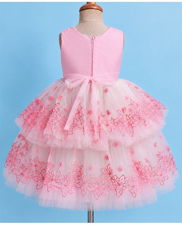 Babyhug Woven Solid Mesh with Embroidered Lace and Sequins York Sleeveless Party Gown with Corsage Bow - Pink