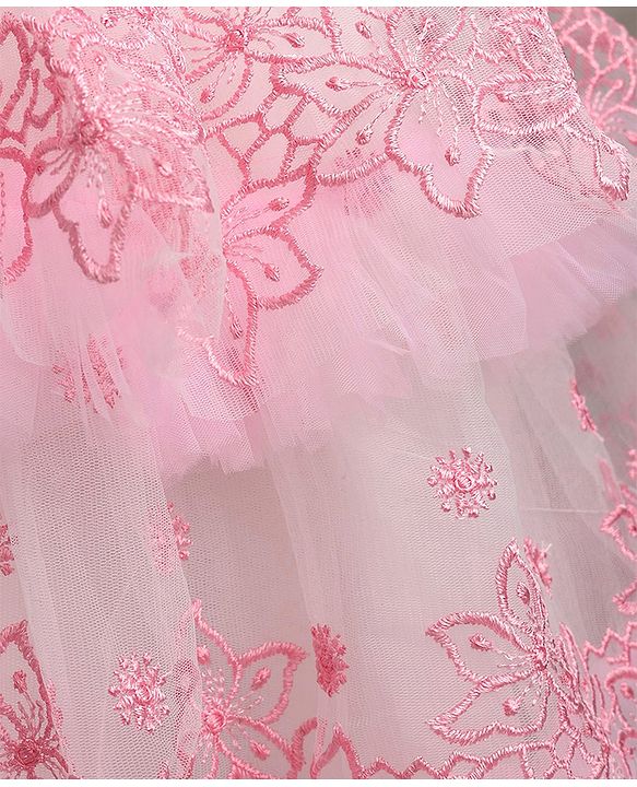 Babyhug Woven Solid Mesh with Embroidered Lace and Sequins York Sleeveless Party Gown with Corsage Bow - Pink