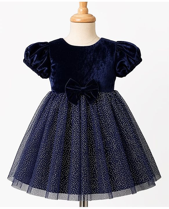 Babyhug Woven Solid Velour York and Foil Printed Mesh Half Puff Sleeves Party Dress with Corsage Bow - Navy Blue