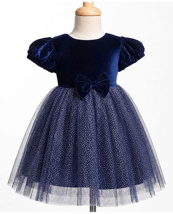 Babyhug Woven Solid Velour York and Foil Printed Mesh Half Puff Sleeves Party Dress with Corsage Bow - Navy Blue