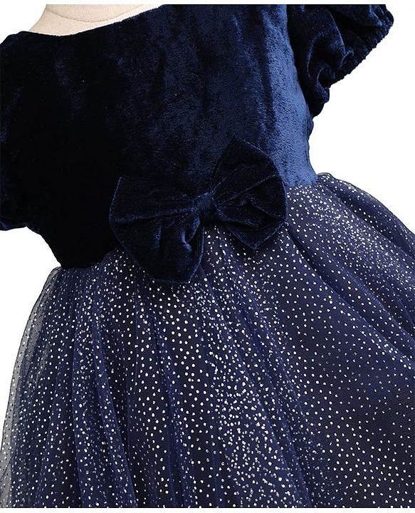 Babyhug Woven Solid Velour York and Foil Printed Mesh Half Puff Sleeves Party Dress with Corsage Bow - Navy Blue