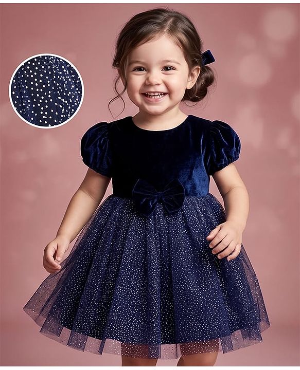 Babyhug Woven Solid Velour York and Foil Printed Mesh Half Puff Sleeves Party Dress with Corsage Bow - Navy Blue